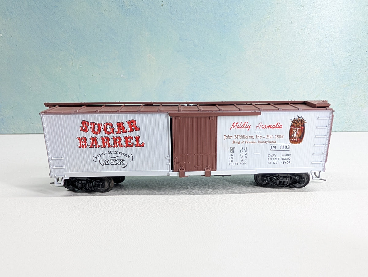 USED TRAIN MINIATURE HO Scale 40' Wood Box Car, Tobacco Series Sugar Barrel JM #1103 Metal Wheels