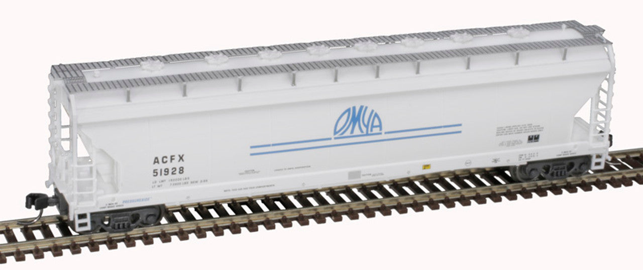 Atlas Master 50006079 N Scale, ACF Pressureaide Covered Hopper, OMYA ACFX #51066, Short Stripes