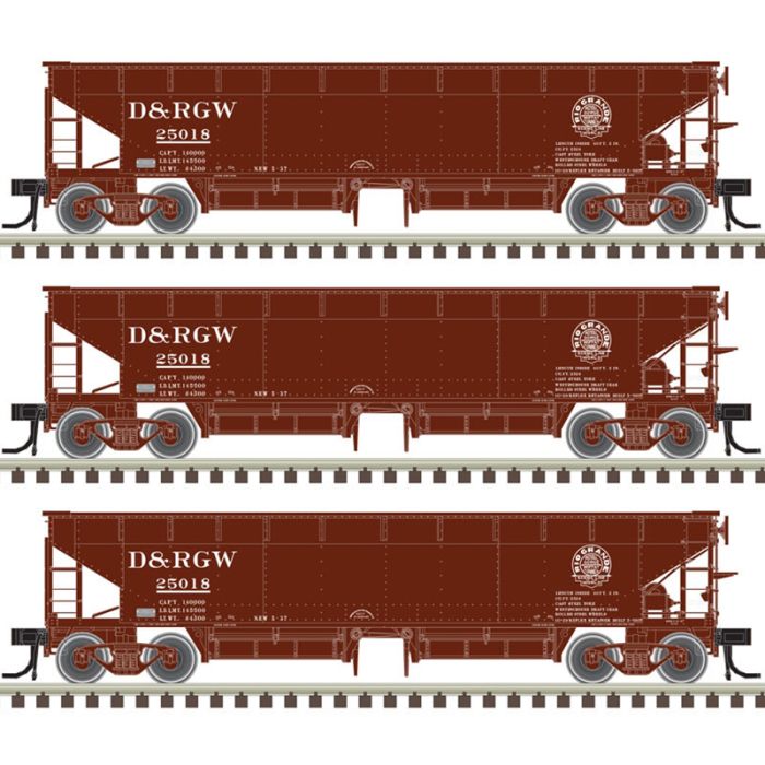 Atlas Master 20006812 HO Scale 70 Ton Hart Ballast Hopper 3 Car Pack Rio Grande #25042, 25057, 25063