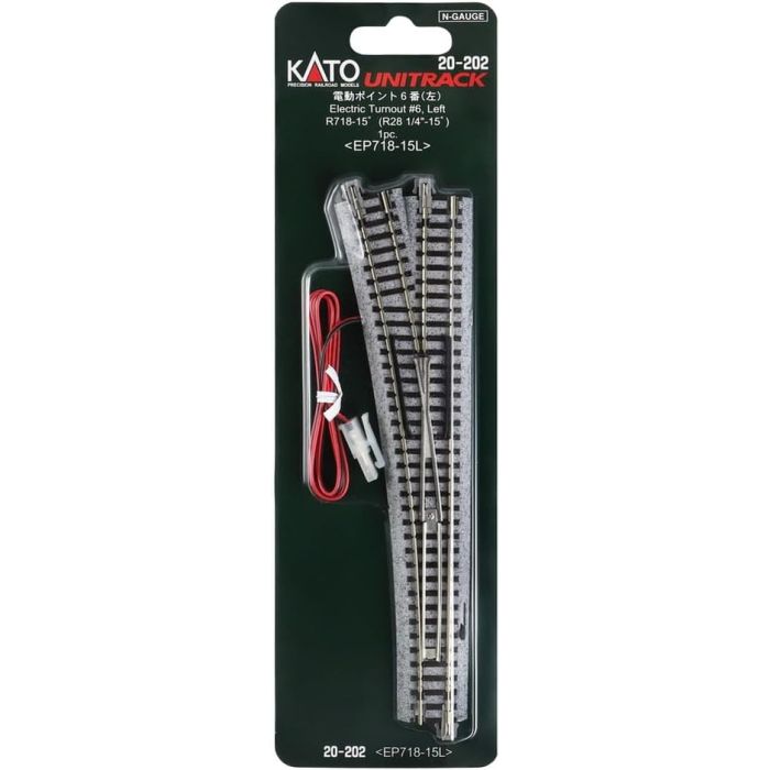KATO 20-202 N Scale, Unitrack Electric Turnout #6 28 1/4" 15° Left Track (1 pc) , Code 80