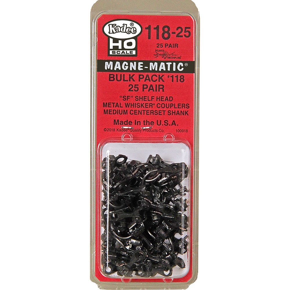 Kadee #118-25 HO Scale, Bulk Pack, 25 pair #118 SF Shelf Whisker Metal Couplers, Medium Centerset Shank