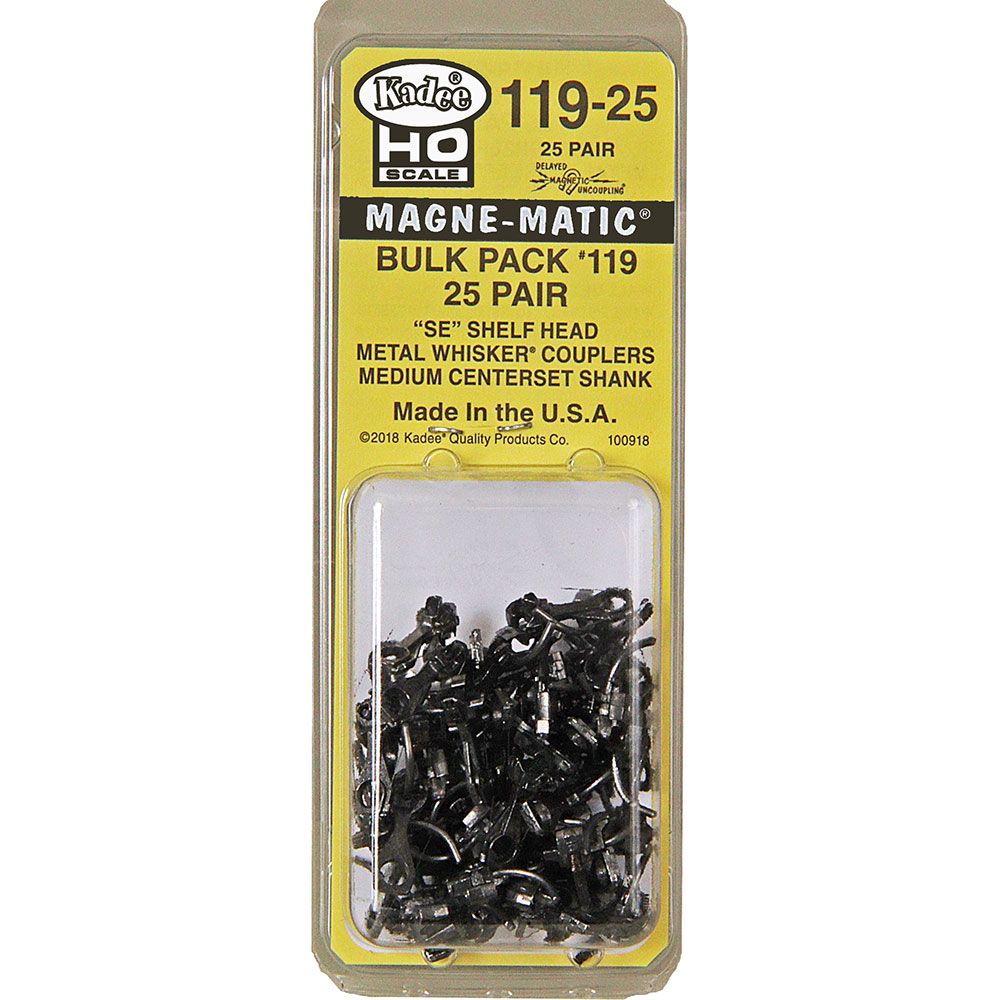 Kadee #119-25 HO Scale, Bulk Pack, 25 pair #119 SE Shelf Whisker Metal Coupler, Medium Centerset Shank