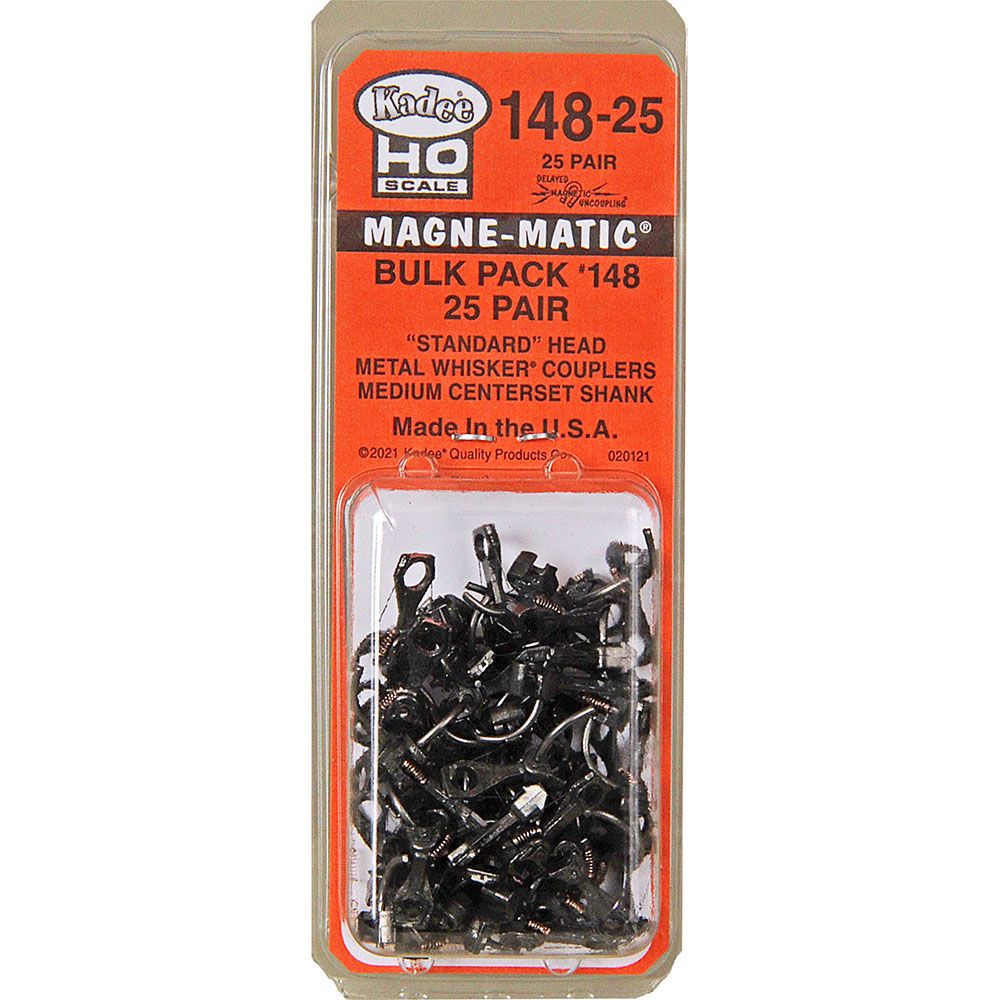 Kadee #148-25 HO Scale, Bulk Pack, 25 pair #148 Whisker Metal Couplers, Medium Centerset Shank