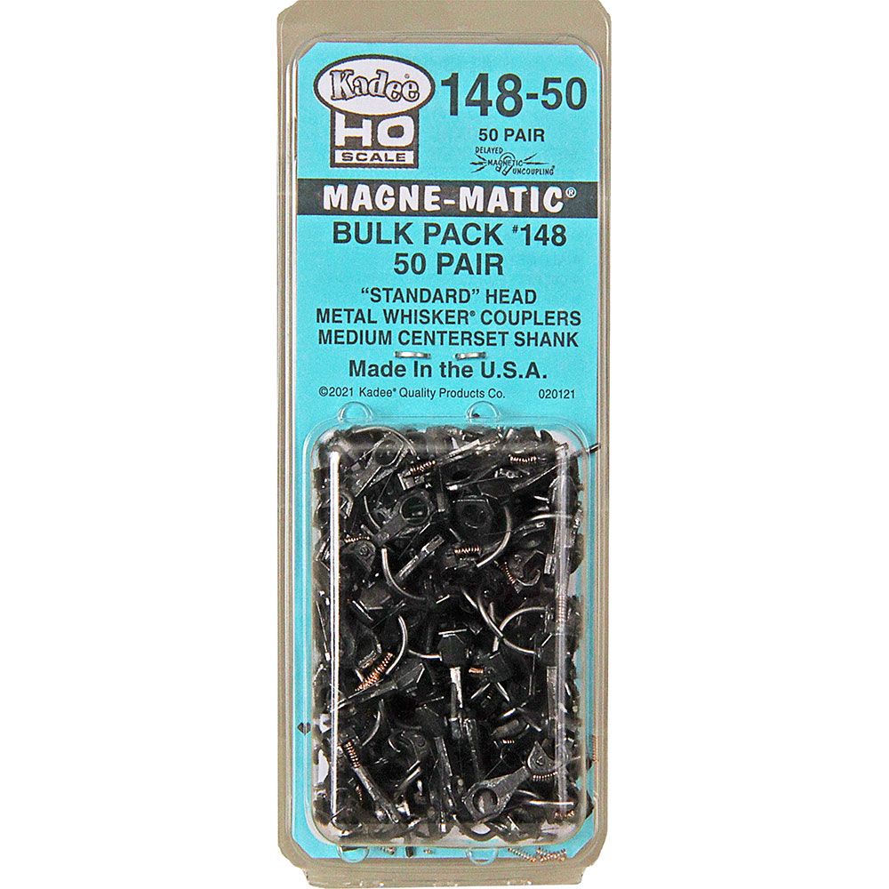 Kadee #148-50 HO Scale, Bulk Pack, 50 pair #148 Whisker Metal Couplers, Medium Centerset Shank