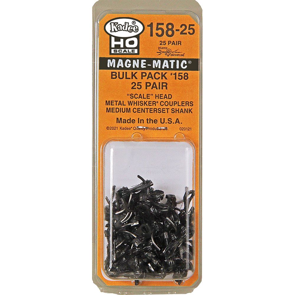 Kadee #158-25 HO Scale, Bulk Pack, 25 pair #158 Scale Whisker Metal Couplers, Medium Centerset Shank