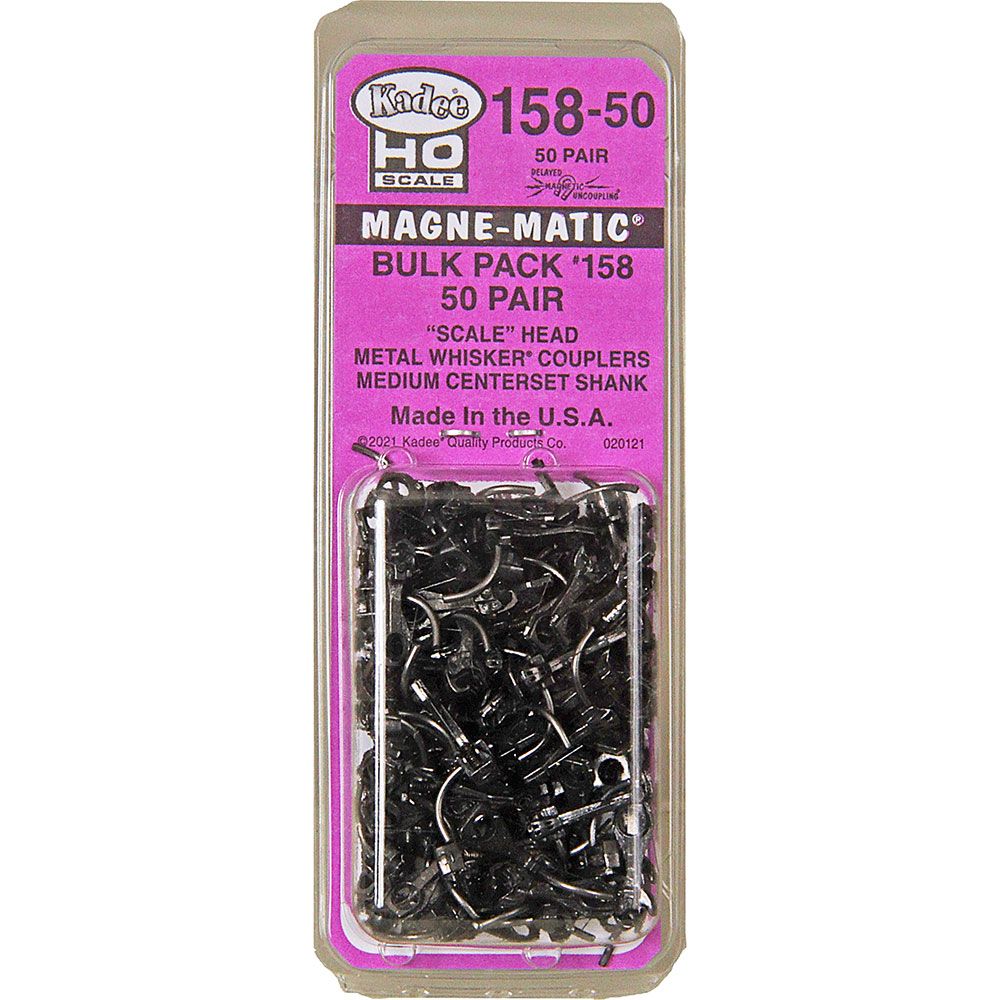 Kadee #158-50 HO Scale, Bulk Pack, 50 pair #158 Scale Whisker Metal Couplers, Medium Centerset Shank